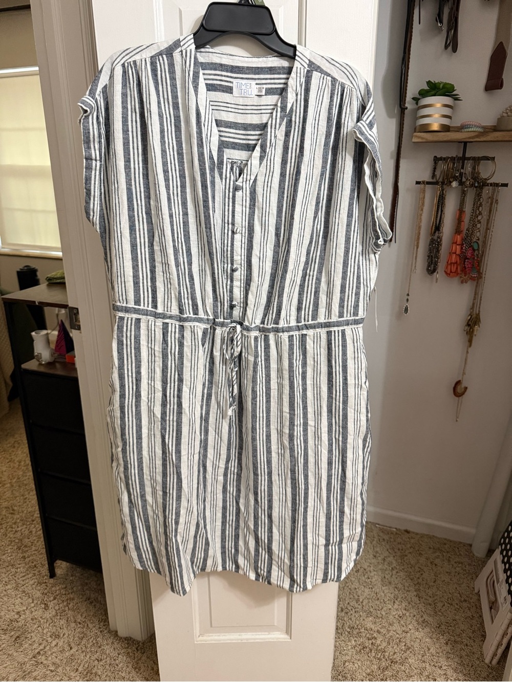 Time and Tru Striped Drawstring Mini Dress - White & Navy